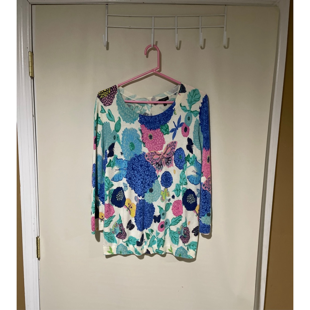Women's Talbots LP Petite White Blue Pink Floral Crew Neck Sweater